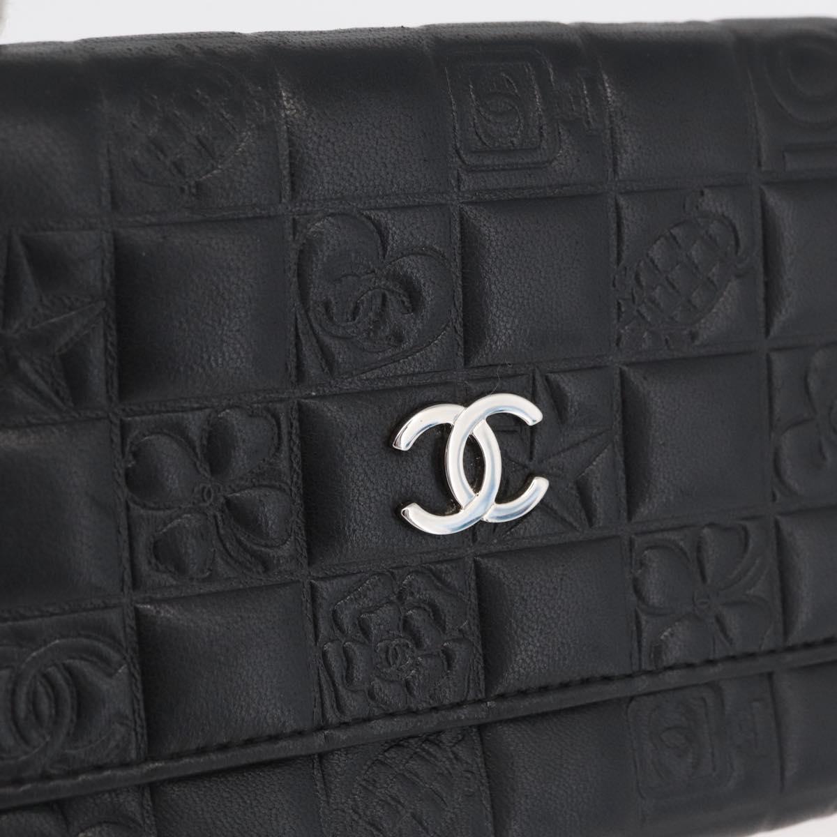 CHANEL Icon Line Wallet Lamb Skin Black Silver CC Auth 178385M