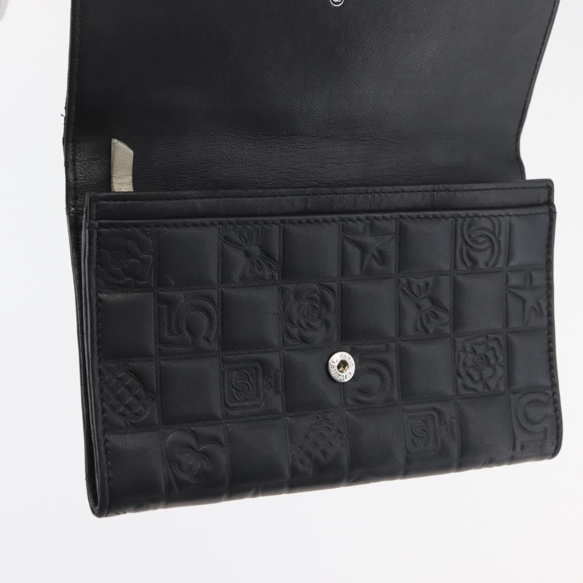 CHANEL Icon Line Wallet Lamb Skin Black Silver CC Auth 178385M