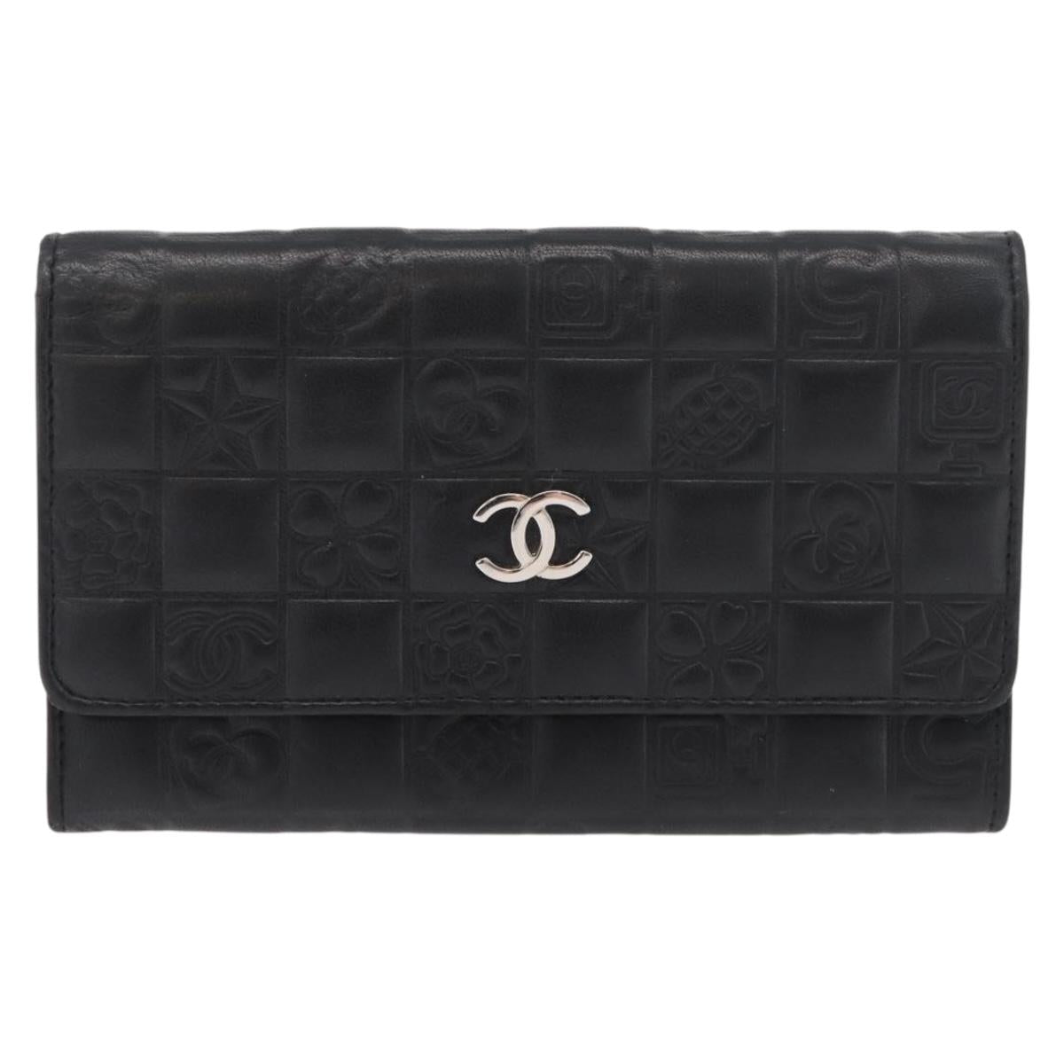 CHANEL Icon Line Wallet Lamb Skin Black Silver CC Auth 178385M