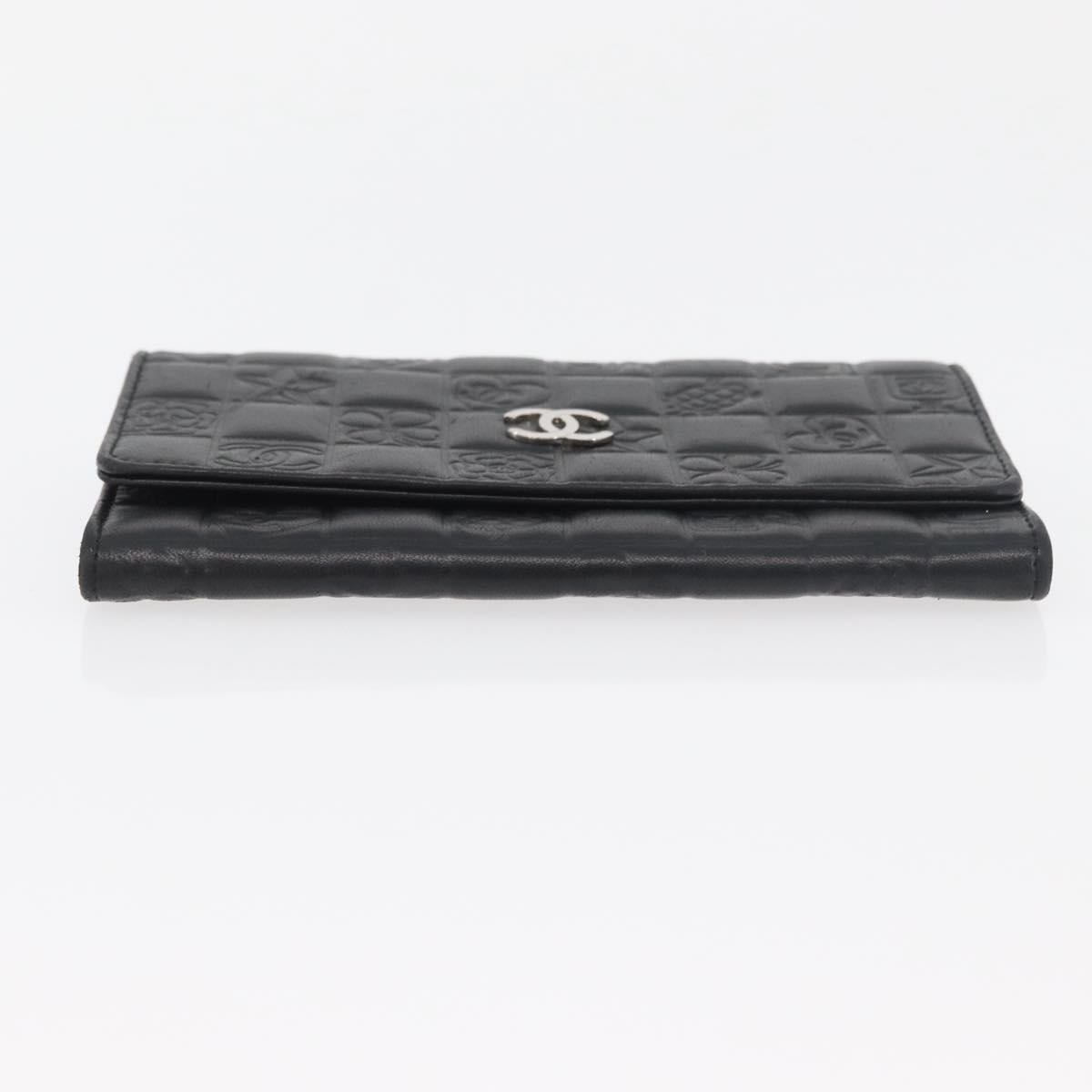 CHANEL Icon Line Wallet Lamb Skin Black Silver CC Auth 178385M