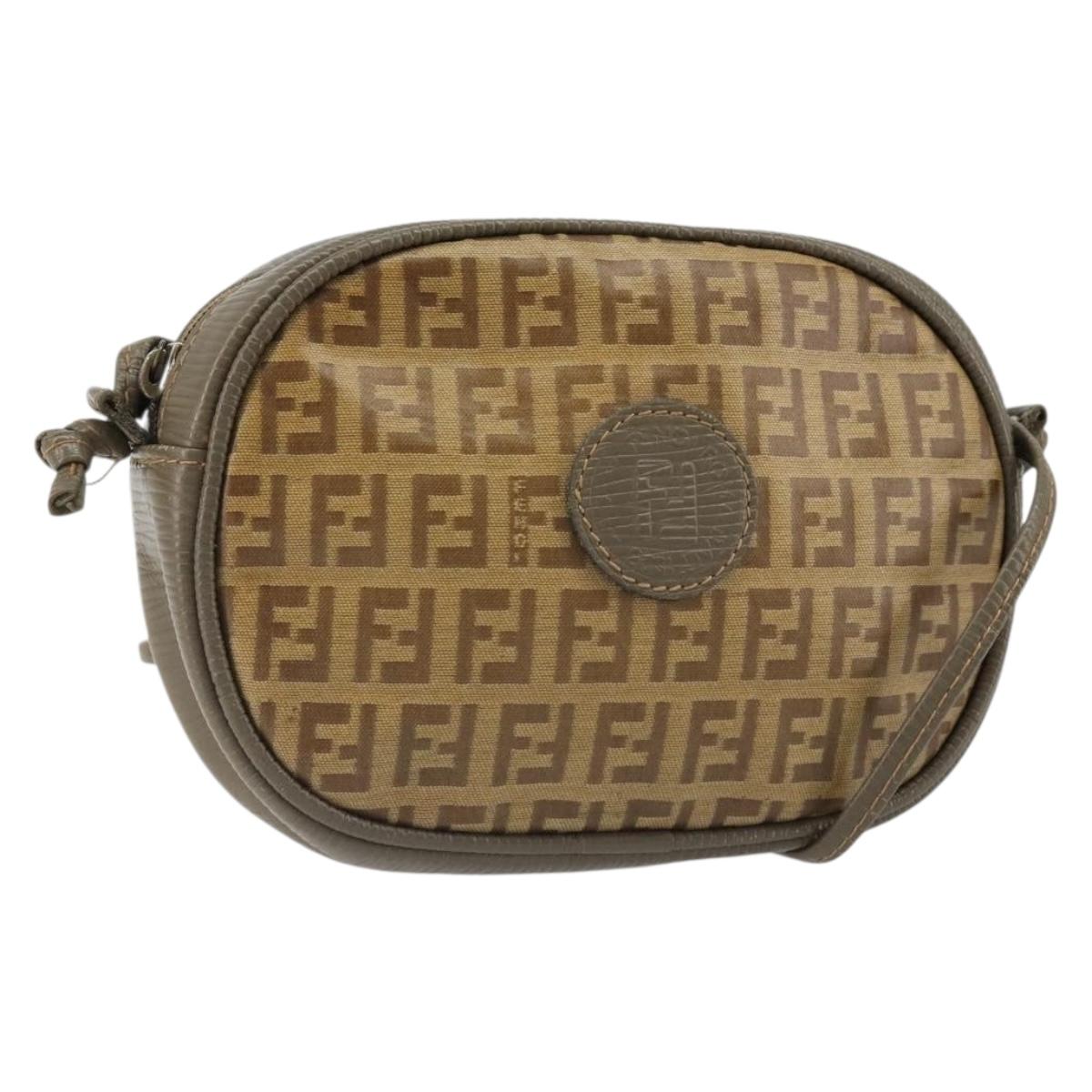 FENDI Zucchino Canvas Shoulder Bag Coated Canvas Beige Gold Auth 178399