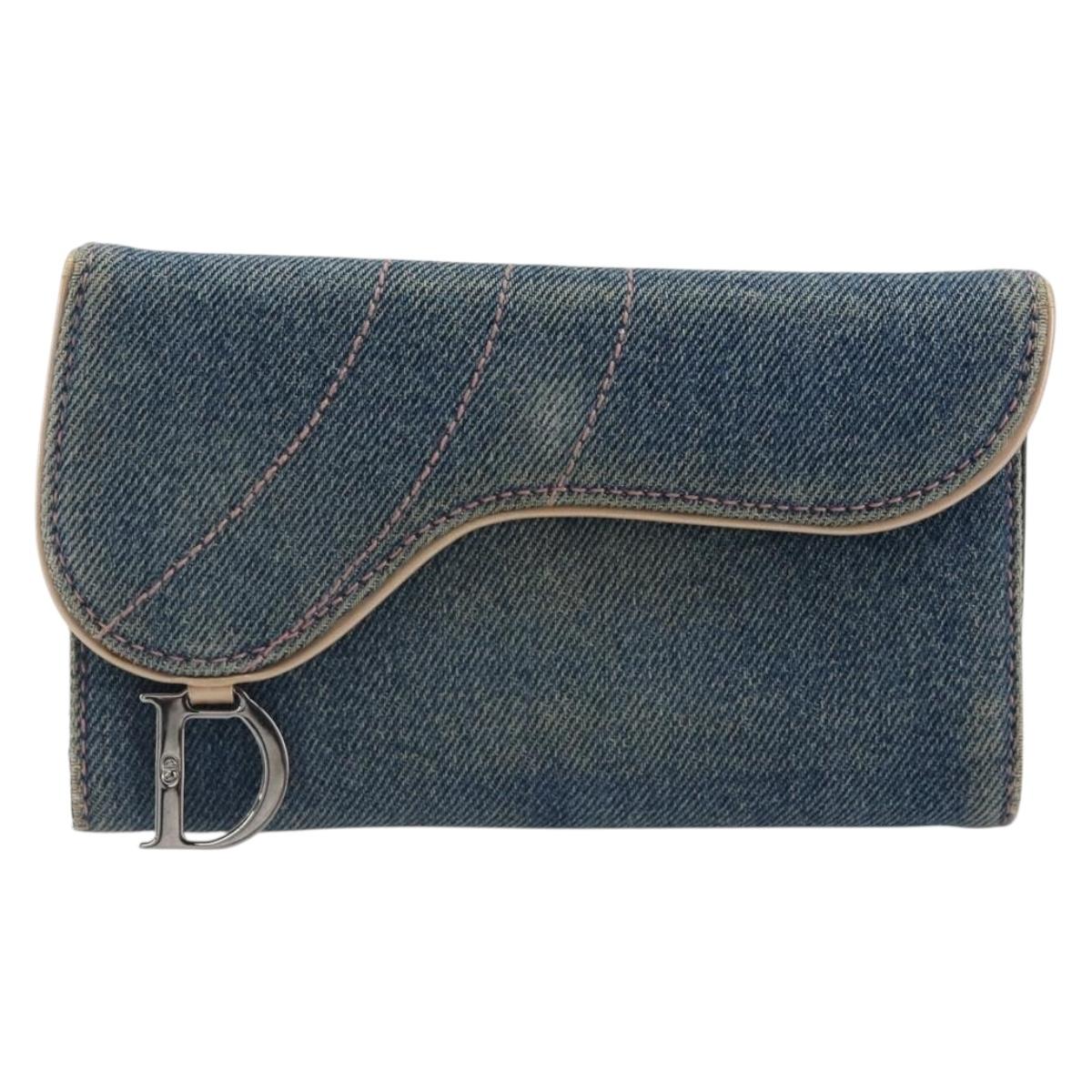 Christian Dior Wallet Denim Blue Silver Auth 178407