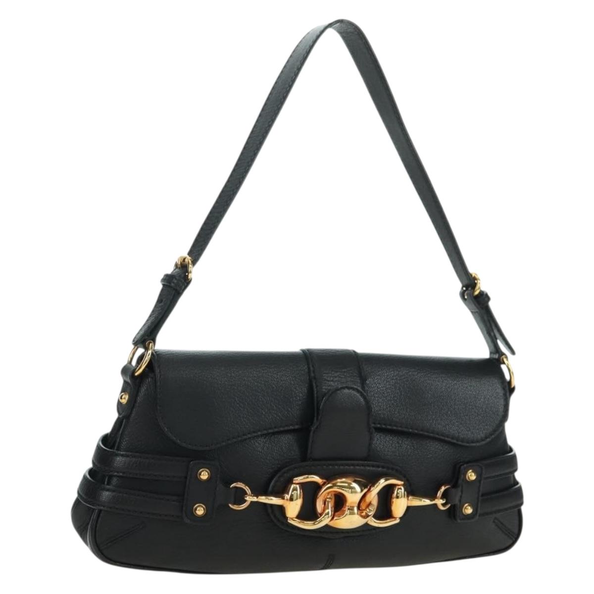 GUCCI Horsebit Shoulder Bag Leather Black Gold 159402 Auth 178489SAV