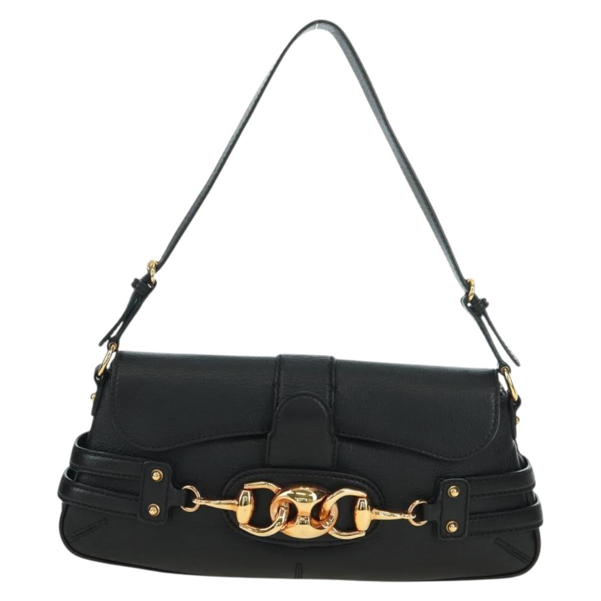 GUCCI Horsebit Shoulder Bag Leather Black Gold 159402 Auth 178489SAV
