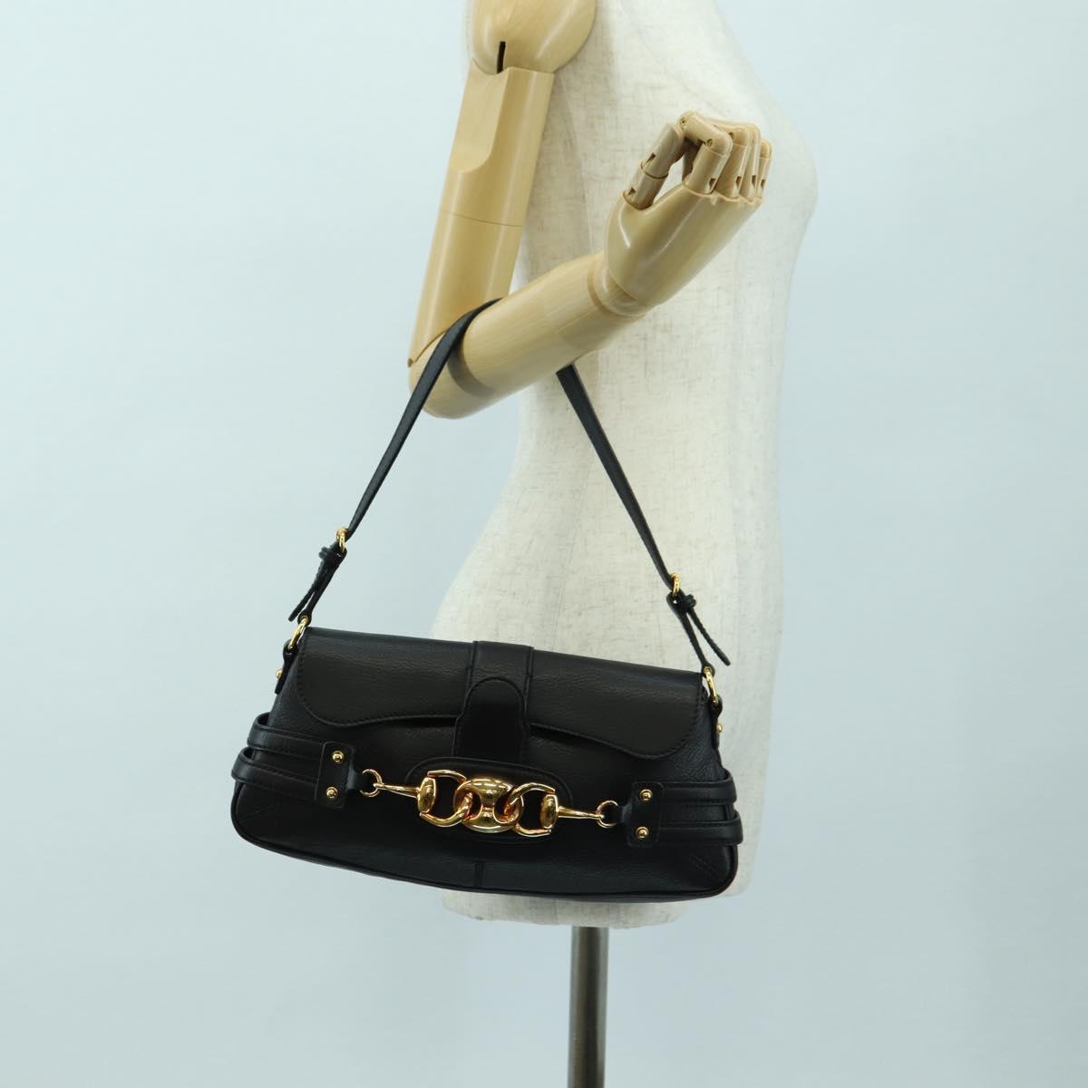 GUCCI Horsebit Shoulder Bag Leather Black Gold 159402 Auth 178489SAV