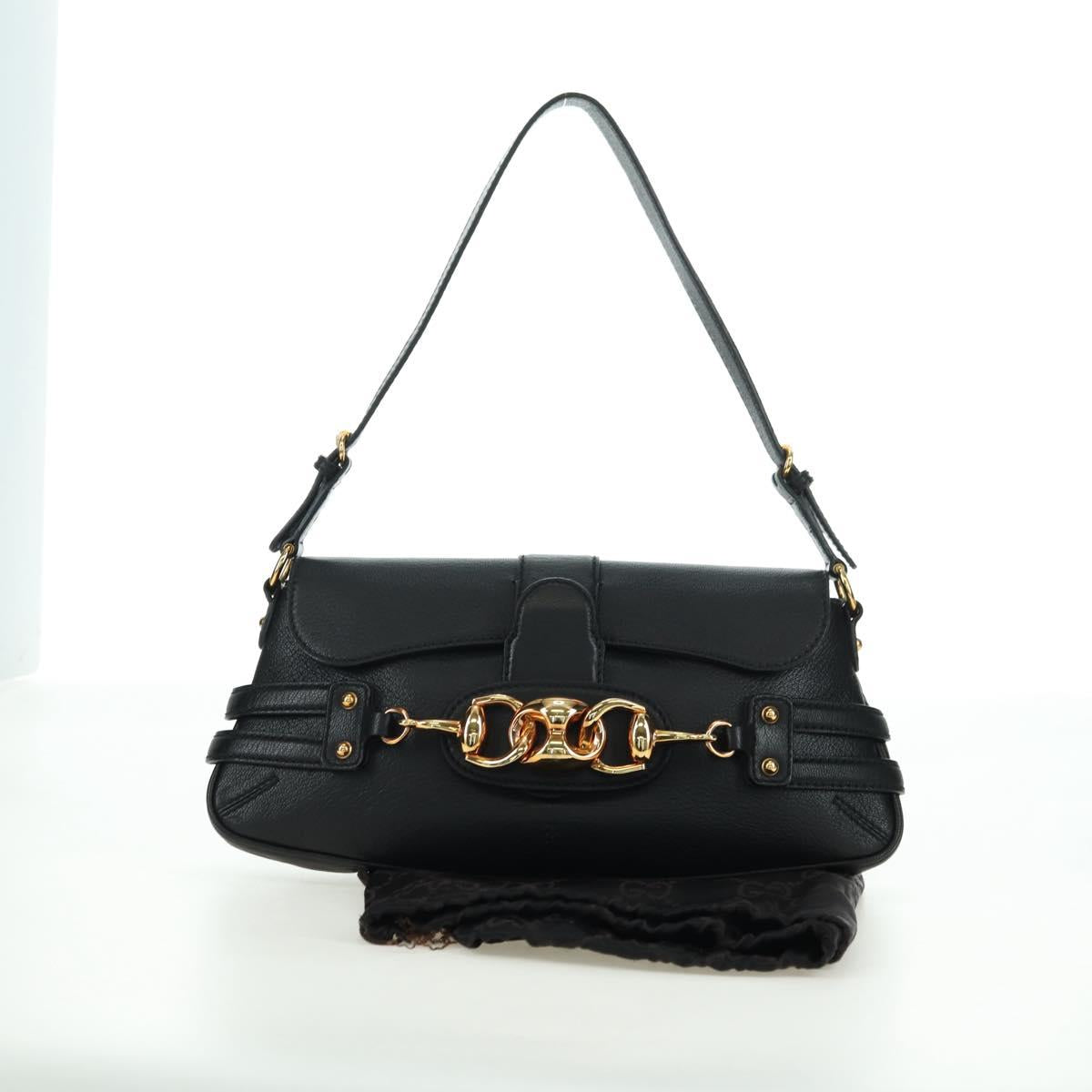 GUCCI Horsebit Shoulder Bag Leather Black Gold 159402 Auth 178489SAV