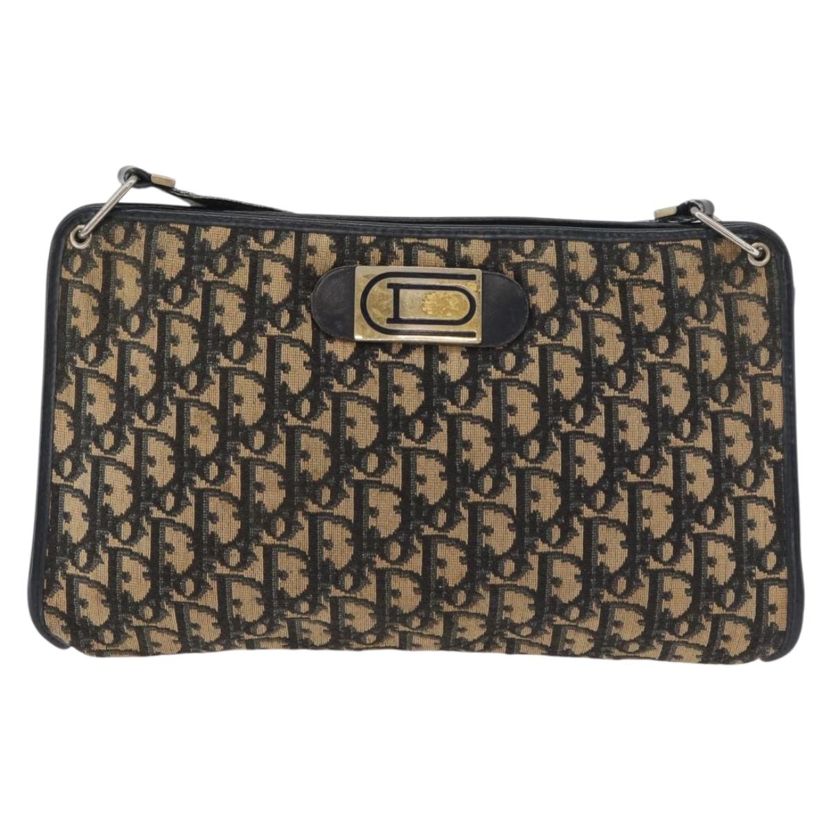 Christian Dior Trotter Canvas Shoulder Bag Navy Gold Auth 178491
