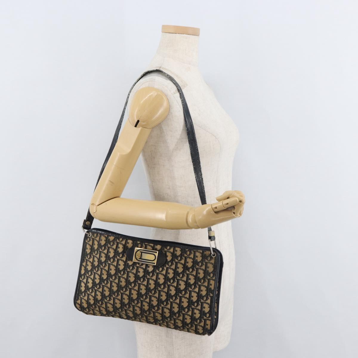Christian Dior Trotter Canvas Shoulder Bag Navy Gold Auth 178491