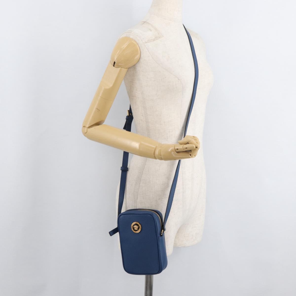 VERSACE Shoulder Bag Leather Blue Gold Auth 178510A