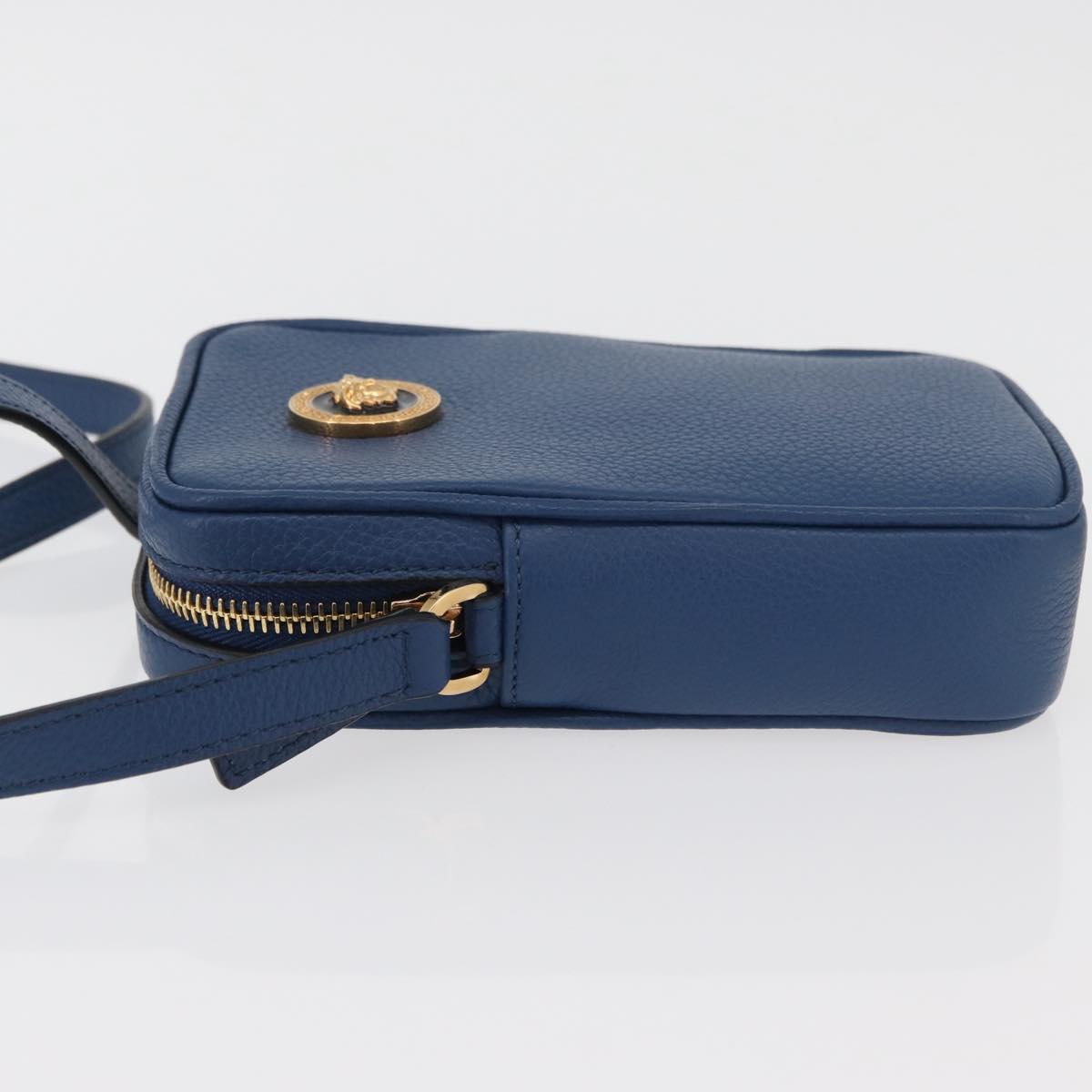 VERSACE Shoulder Bag Leather Blue Gold Auth 178510A
