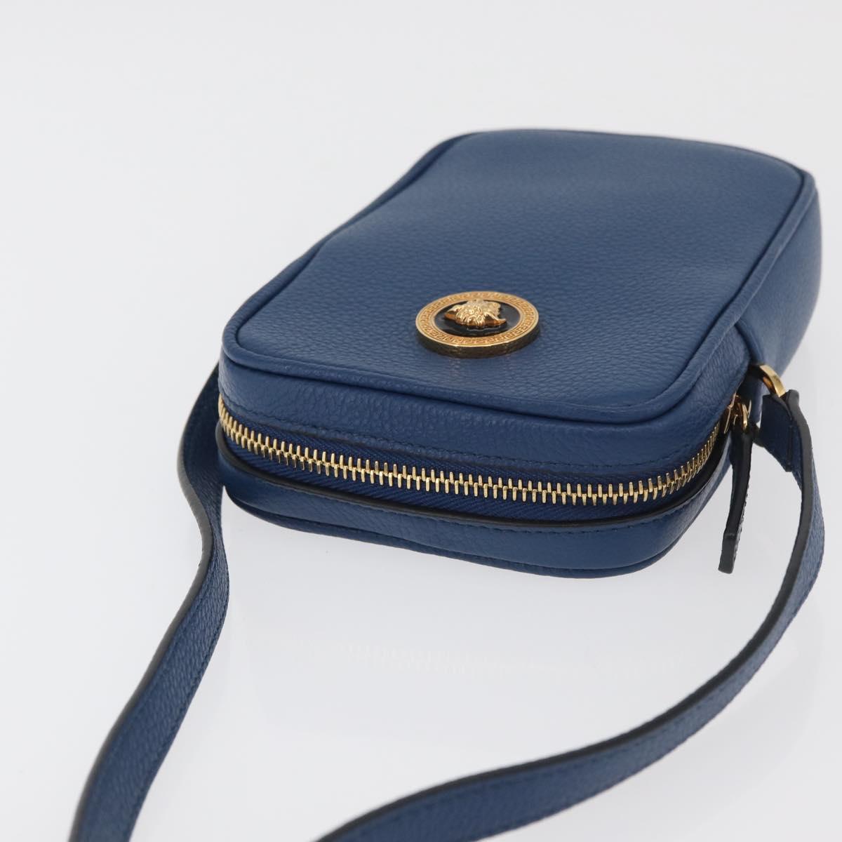 VERSACE Shoulder Bag Leather Blue Gold Auth 178510A