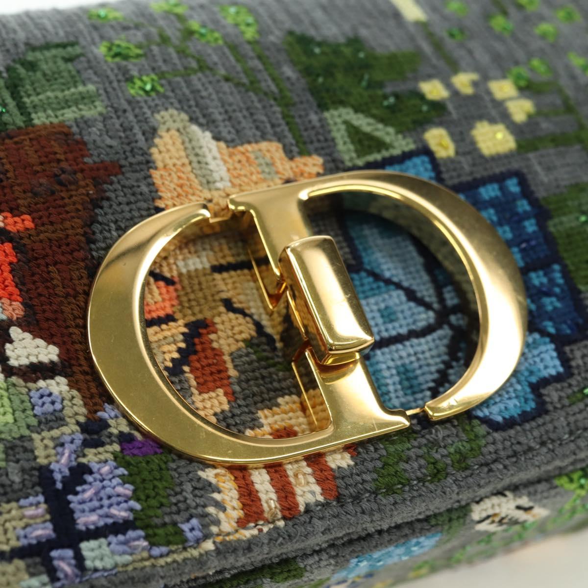 Christian Dior Caro Chain Shoulder Bag Canvas Gray Gold Auth 178529SAM