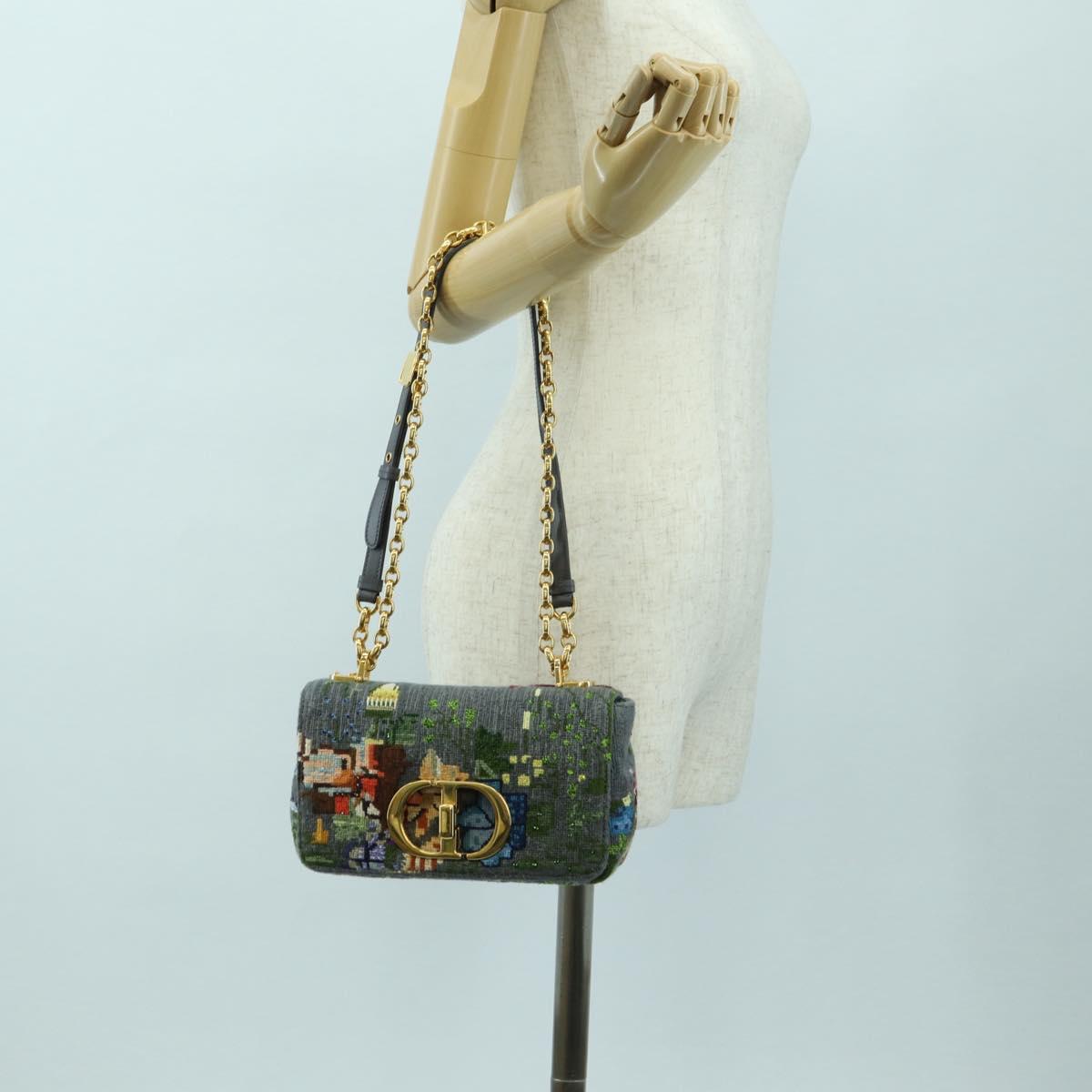 Christian Dior Caro Chain Shoulder Bag Canvas Gray Gold Auth 178529SAM