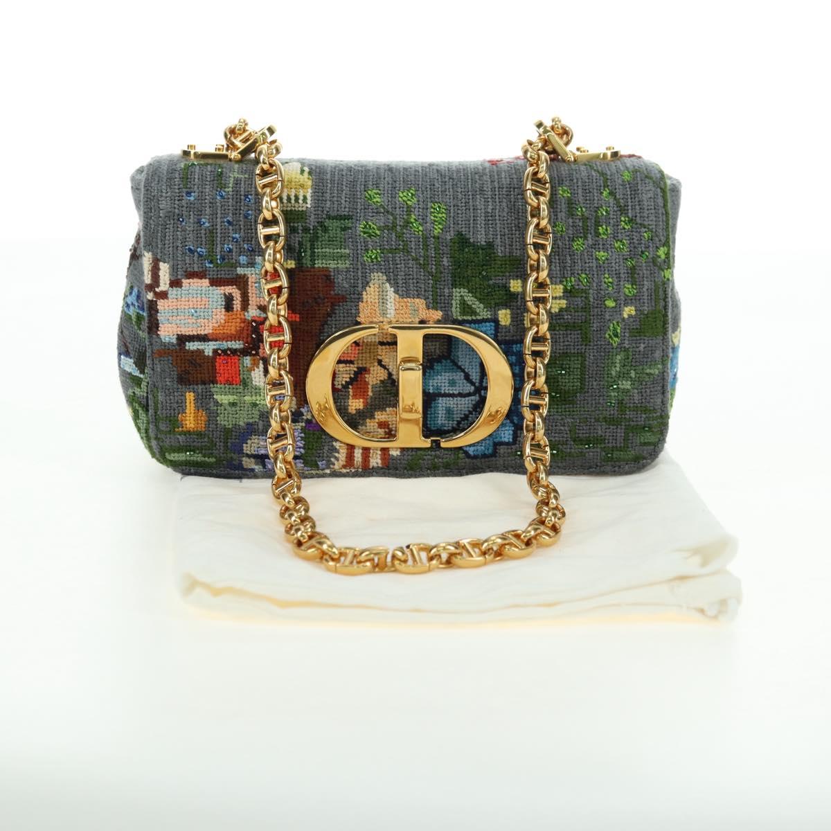 Christian Dior Caro Chain Shoulder Bag Canvas Gray Gold Auth 178529SAM