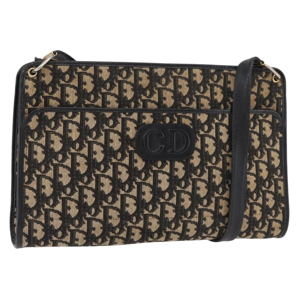 Christian Dior Trotter Canvas Shoulder Bag Navy Gold Auth 178534