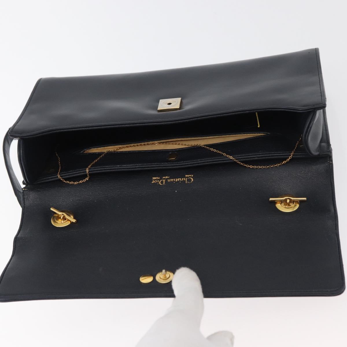 Christian Dior Hand Bag Calf Skin 2way Navy Gold Auth 178542A
