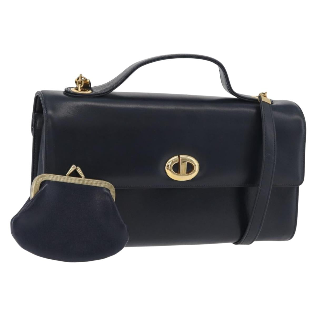Christian Dior Hand Bag Calf Skin 2way Navy Gold Auth 178542A