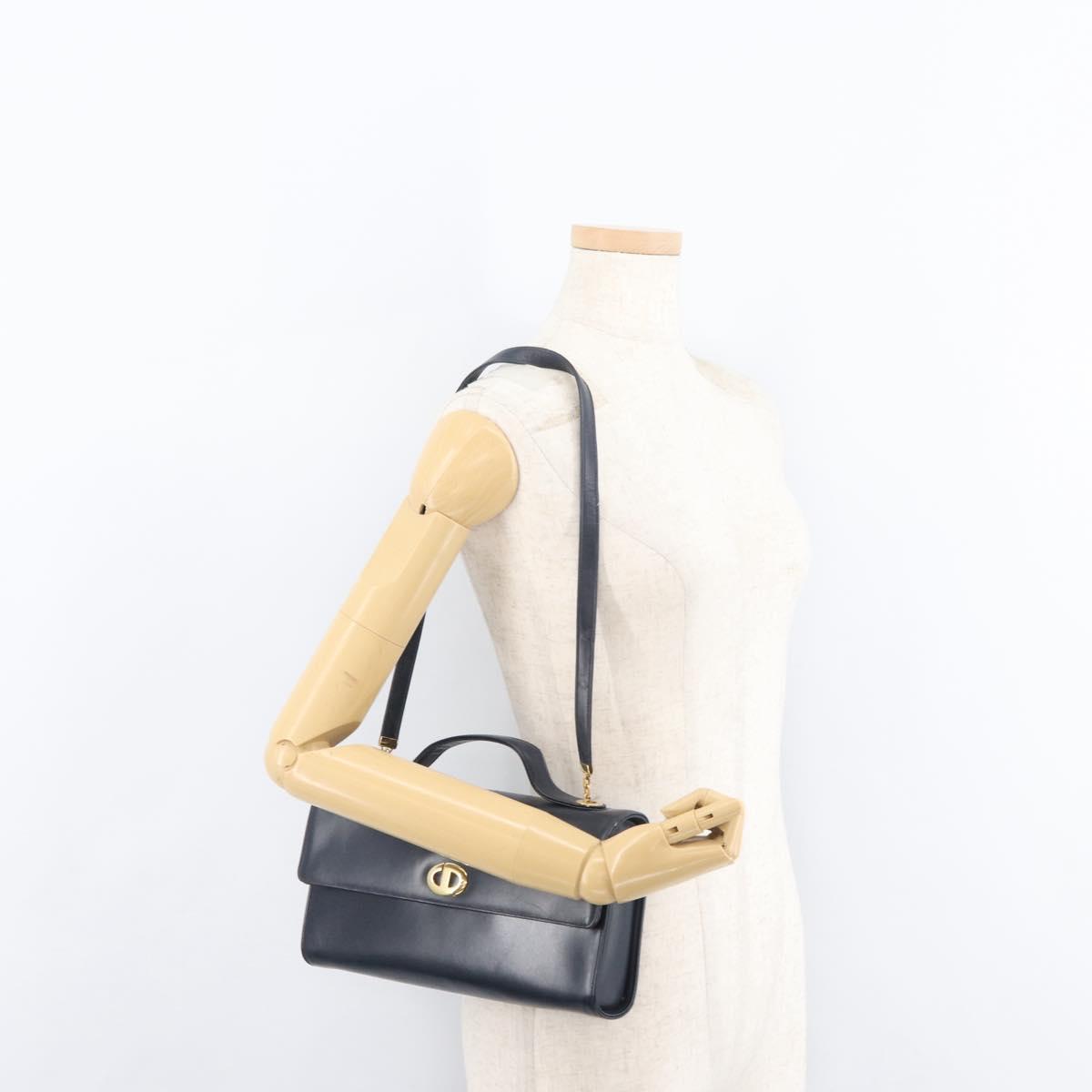 Christian Dior Hand Bag Calf Skin 2way Navy Gold Auth 178542A