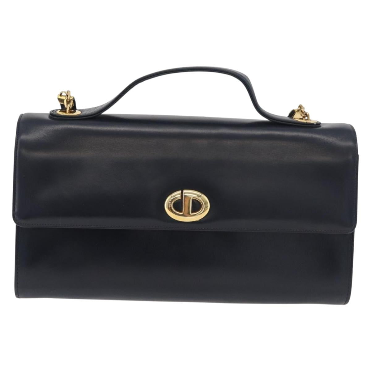 Christian Dior Hand Bag Calf Skin 2way Navy Gold Auth 178542A