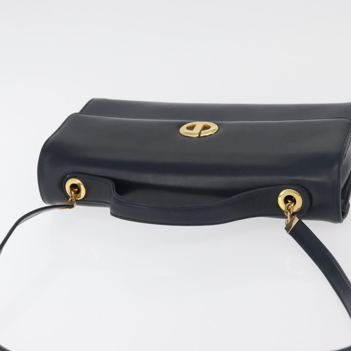 Christian Dior Hand Bag Calf Skin 2way Navy Gold Auth 178542A