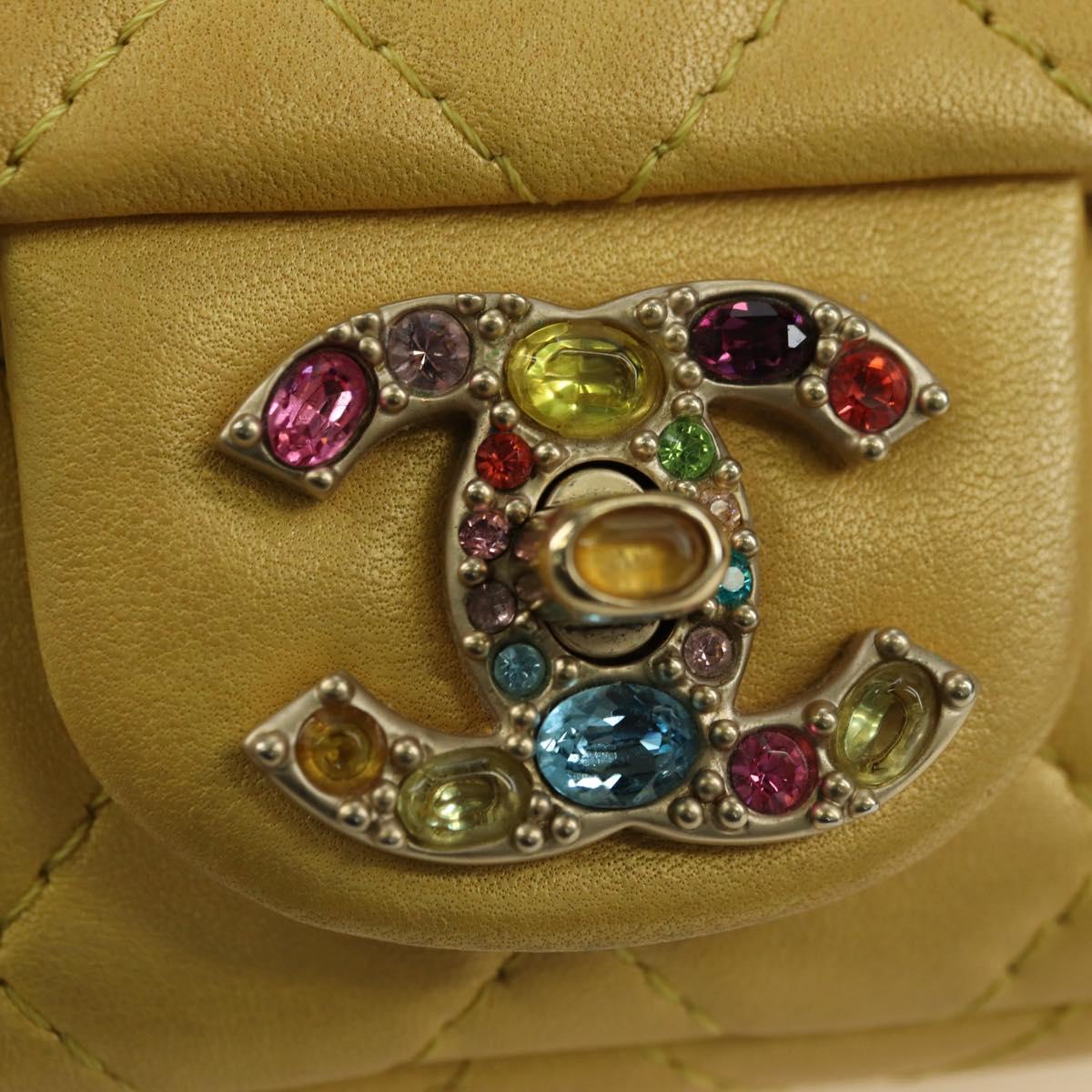 CHANEL Mini Matelasse 16 Chain Bag Lamb Skin Yellow Gold CC Auth 178543SAV