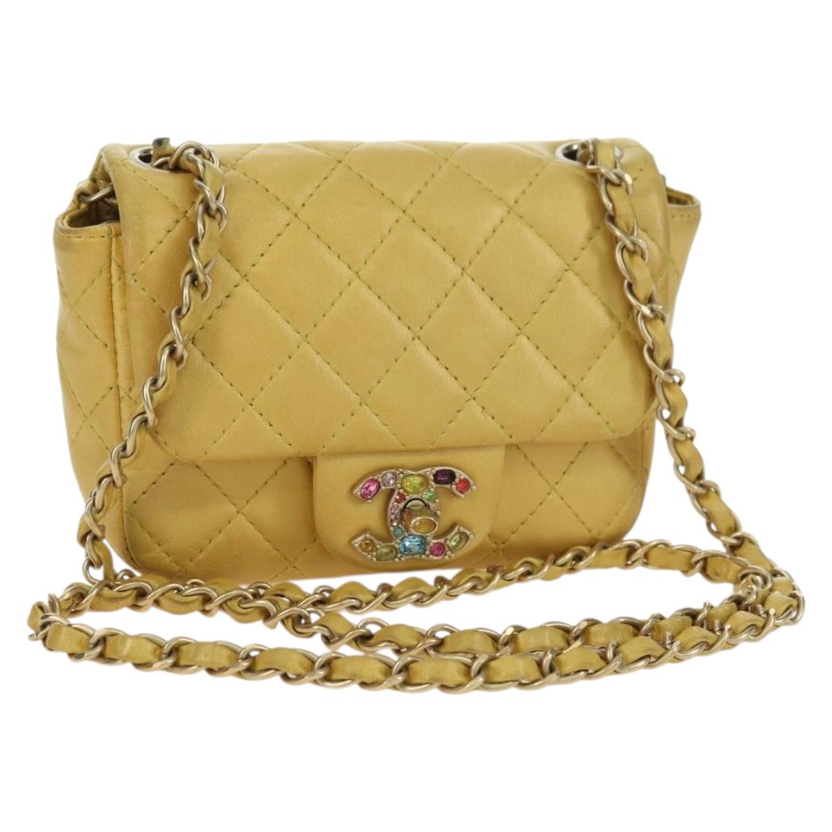 CHANEL Mini Matelasse 16 Chain Bag Lamb Skin Yellow Gold CC Auth 178543SAV