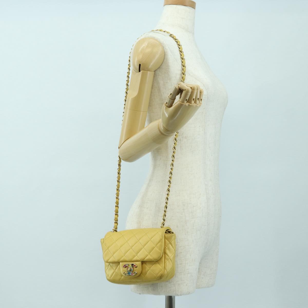 CHANEL Mini Matelasse 16 Chain Bag Lamb Skin Yellow Gold CC Auth 178543SAV