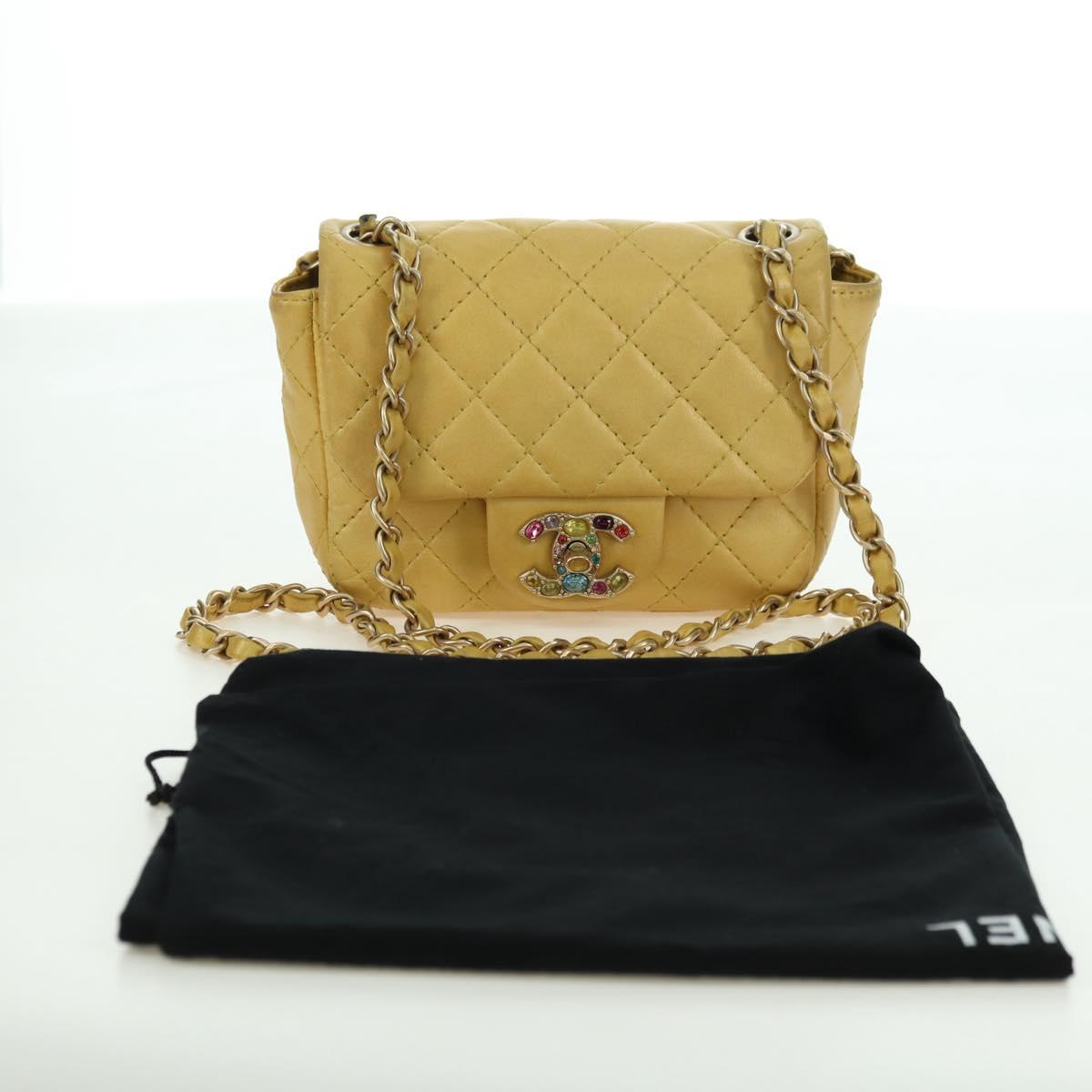 CHANEL Mini Matelasse 16 Chain Bag Lamb Skin Yellow Gold CC Auth 178543SAV