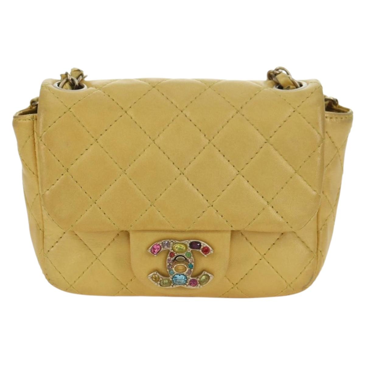 CHANEL Mini Matelasse 16 Chain Bag Lamb Skin Yellow Gold CC Auth 178543SAV