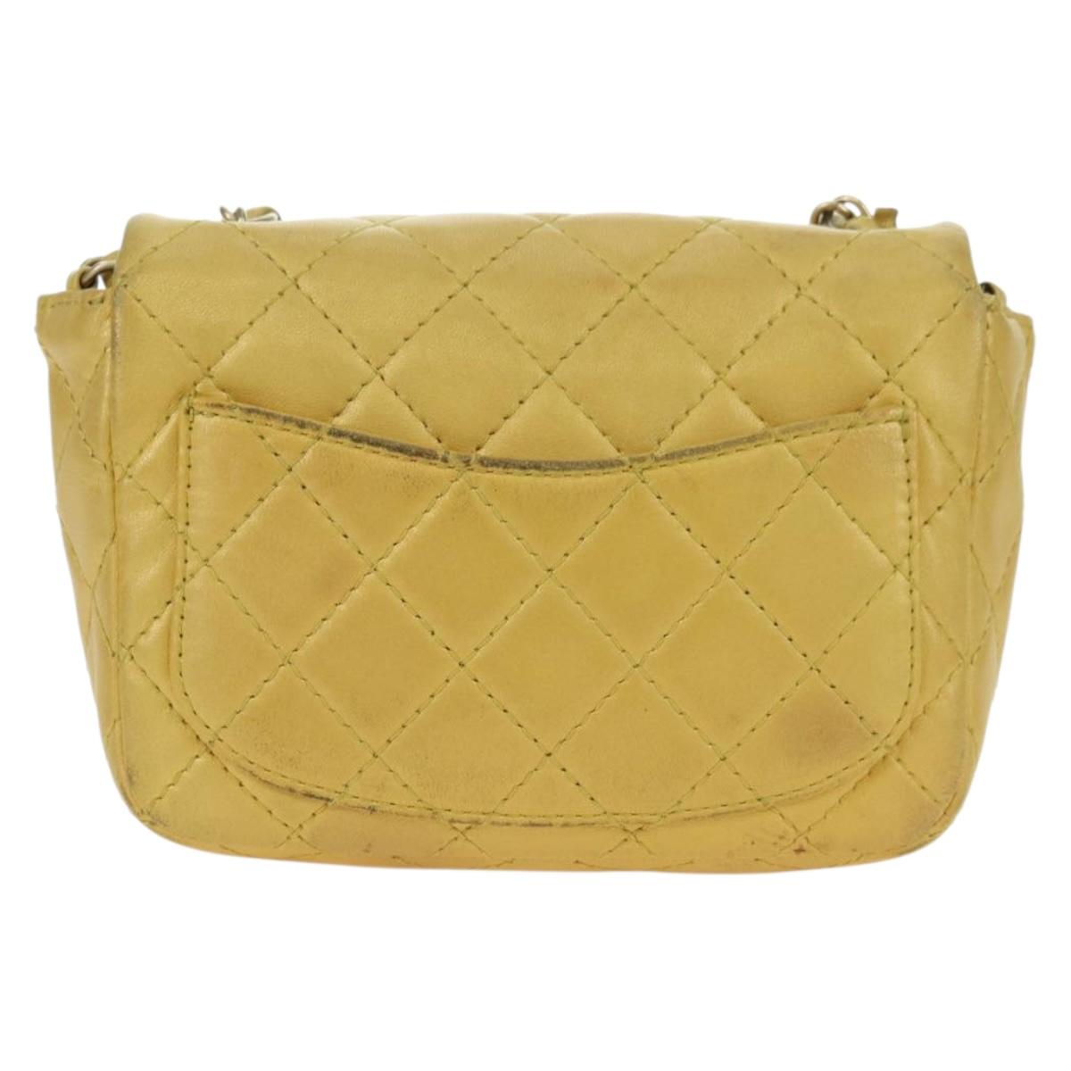 CHANEL Mini Matelasse 16 Chain Bag Lamb Skin Yellow Gold CC Auth 178543SAV