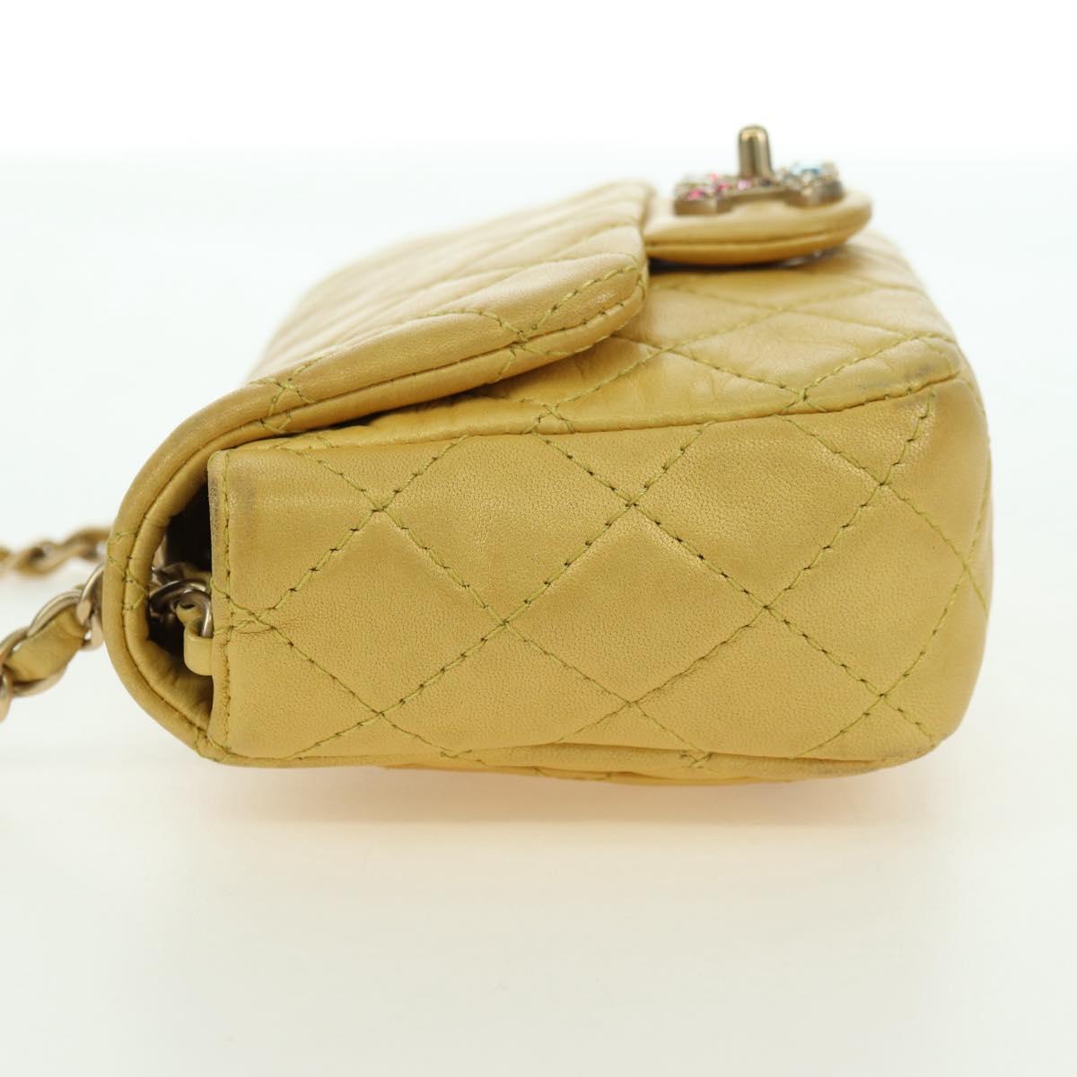 CHANEL Mini Matelasse 16 Chain Bag Lamb Skin Yellow Gold CC Auth 178543SAV