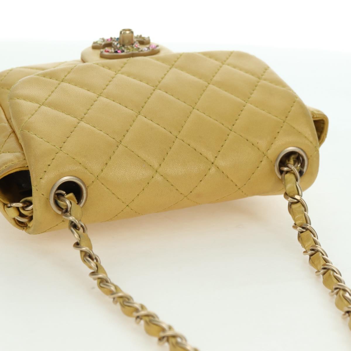 CHANEL Mini Matelasse 16 Chain Bag Lamb Skin Yellow Gold CC Auth 178543SAV
