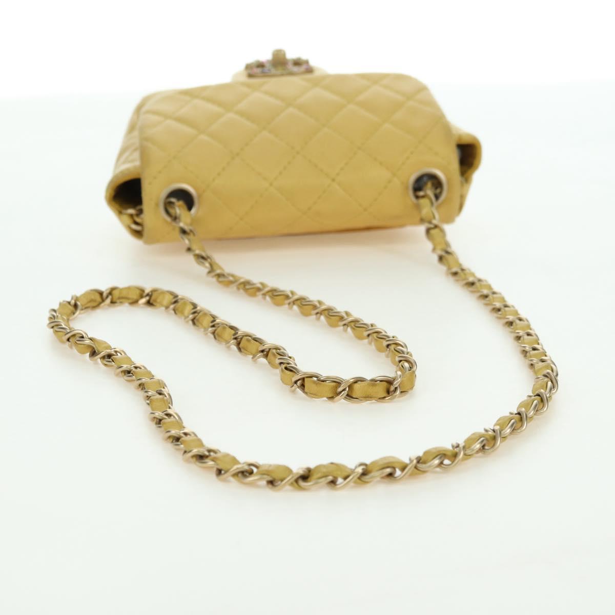 CHANEL Mini Matelasse 16 Chain Bag Lamb Skin Yellow Gold CC Auth 178543SAV
