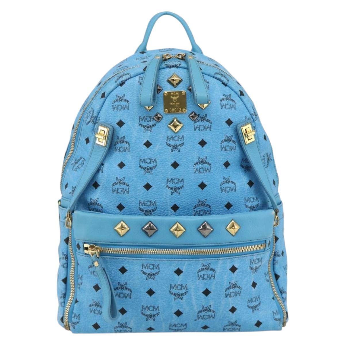 MCM Vicetos Logogram Backpack PVC Light Blue Gold Auth 178560