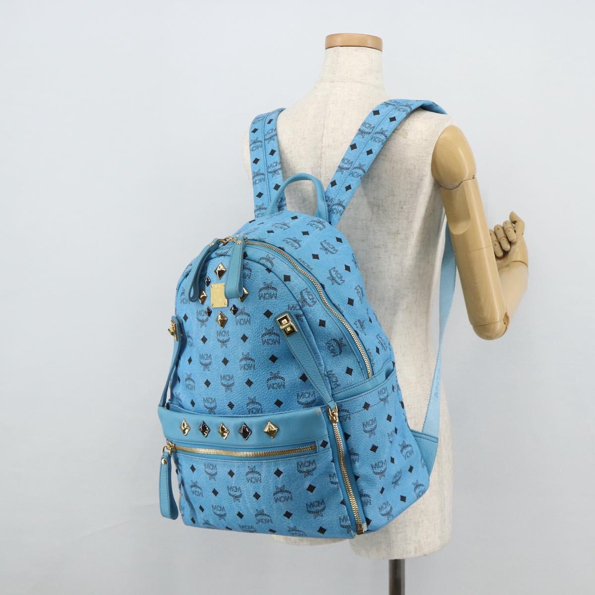 MCM Vicetos Logogram Backpack PVC Light Blue Gold Auth 178560