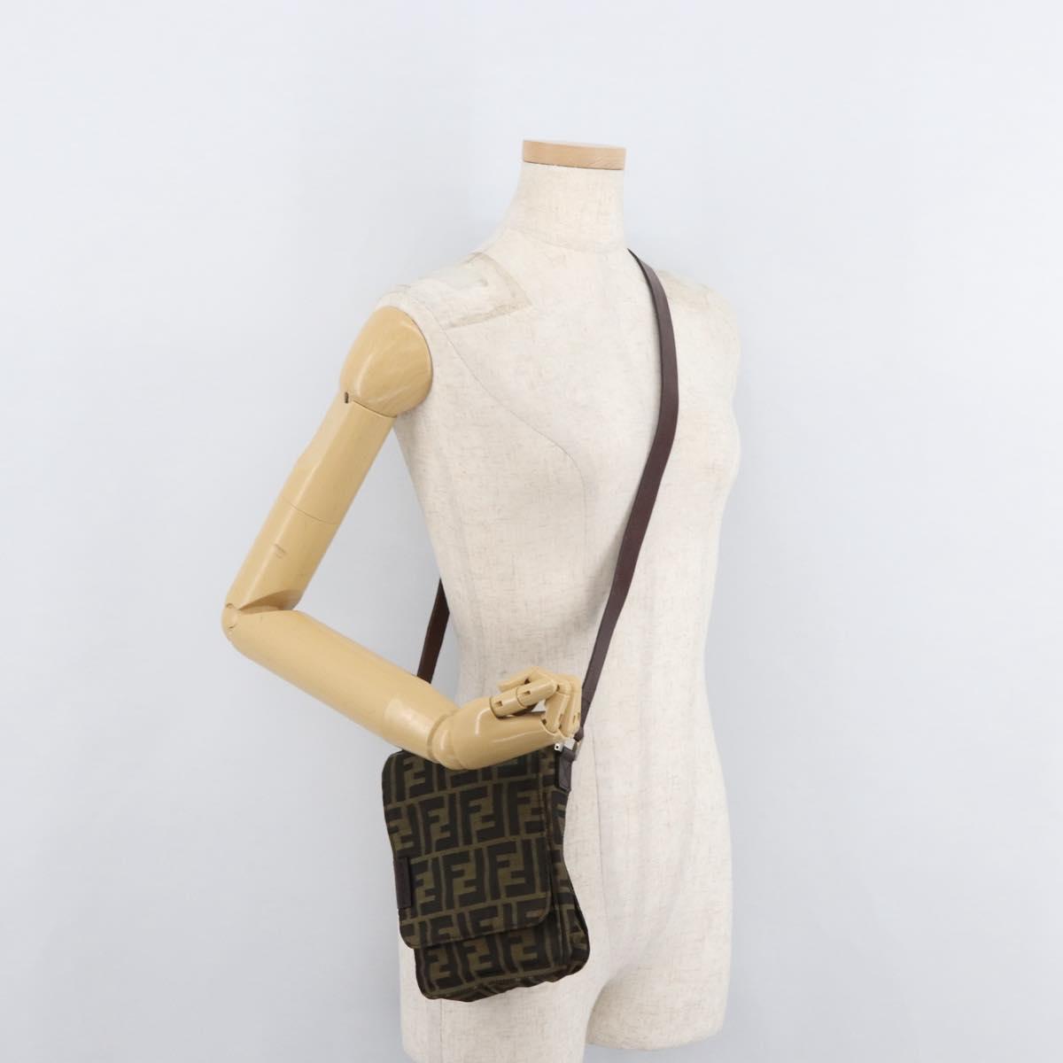 FENDI Zucca Canvas Shoulder Bag Black Brown Auth 178582