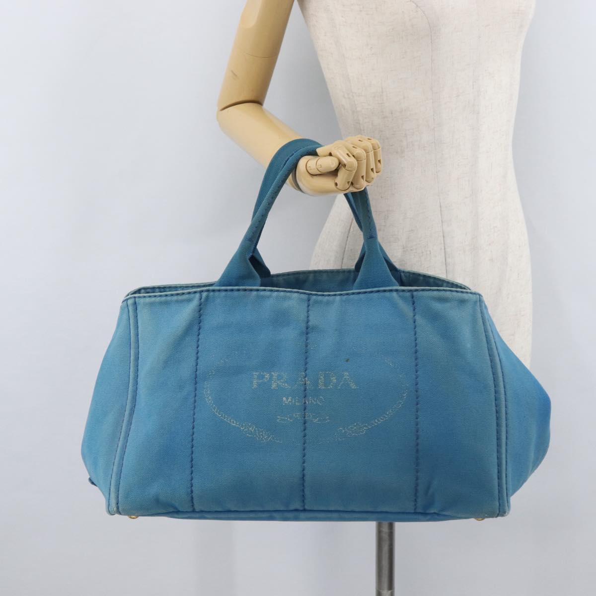 PRADA Canapa MM Hand Bag Canvas Light Blue Gold Auth 178585