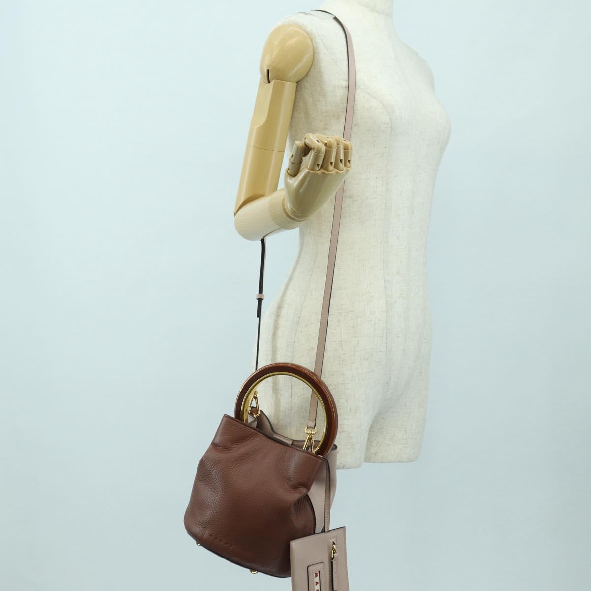 MARNI Panniers Hand Bag Leather 2way Beige Gold Auth 178605V
