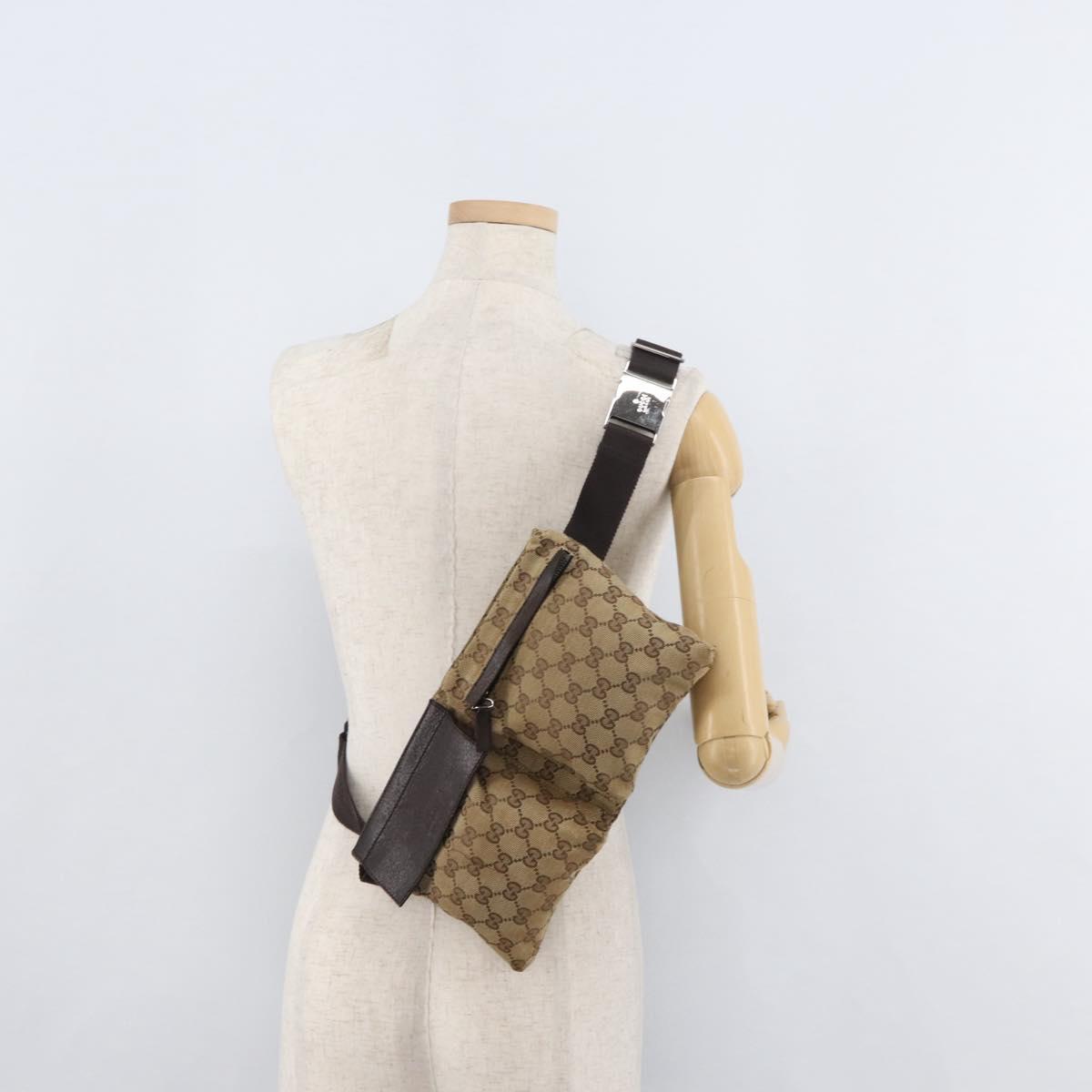 GUCCI GG Canvas Waist Bag Beige Silver 28566 Auth 178628