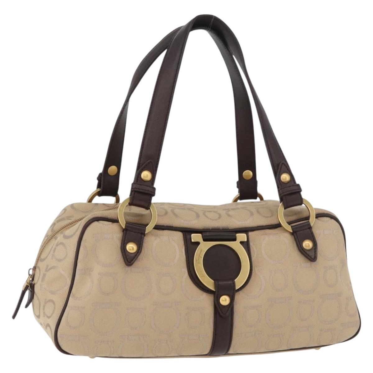 Salvatore Ferragamo Gancini Hand Bag Canvas Beige Gold Auth 178645A