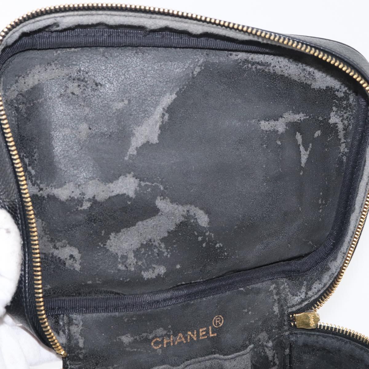 CHANEL COCO Mark Vanity Hand Bag Caviar Skin Black Gold CC Auth 178691