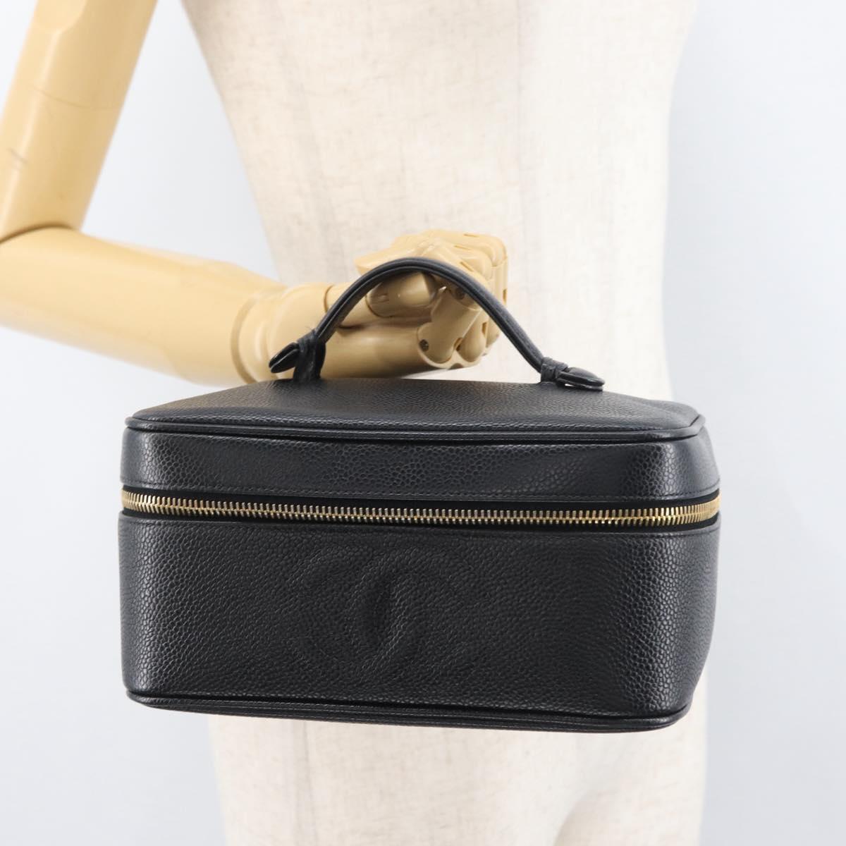 CHANEL COCO Mark Vanity Hand Bag Caviar Skin Black Gold CC Auth 178691