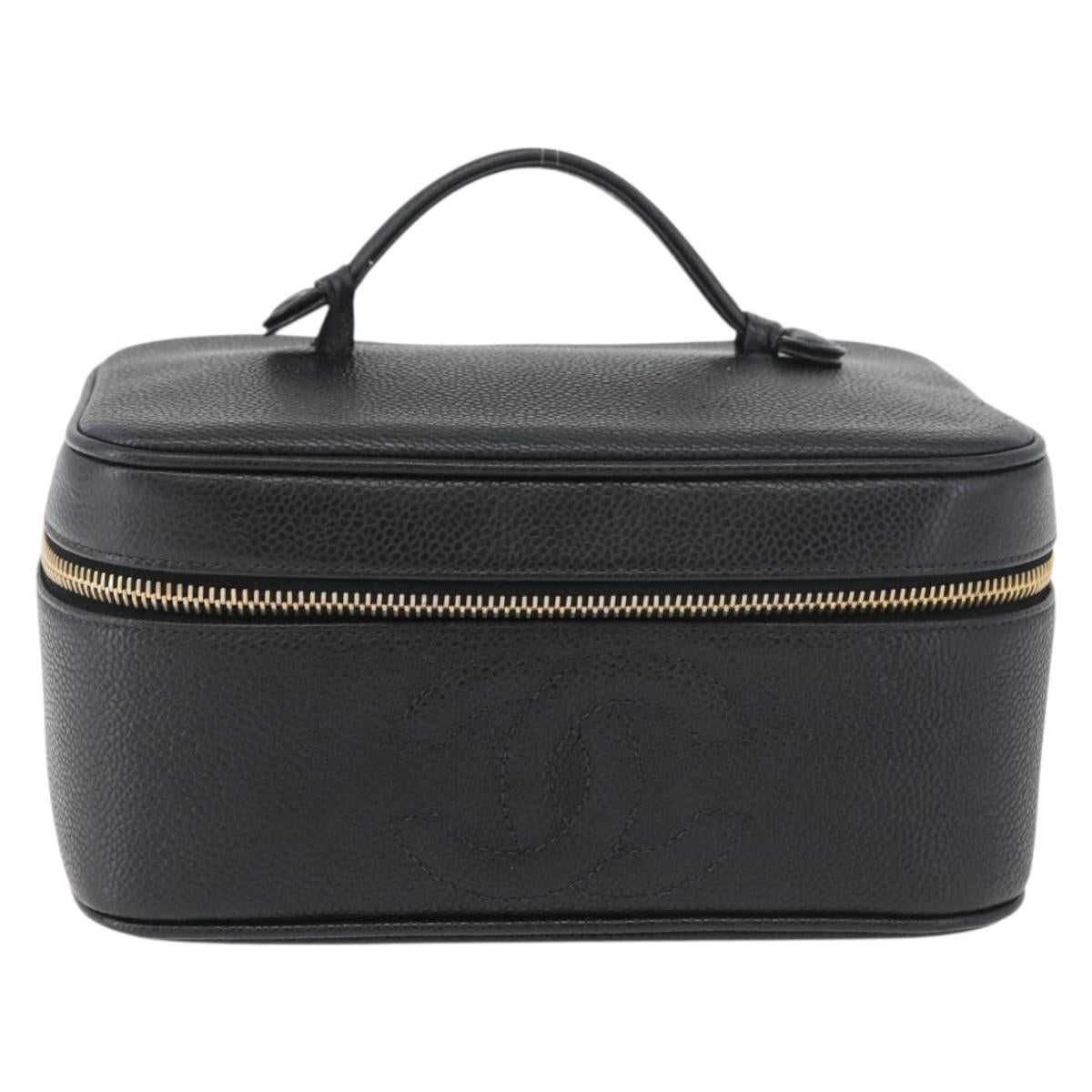 CHANEL COCO Mark Vanity Hand Bag Caviar Skin Black Gold CC Auth 178691