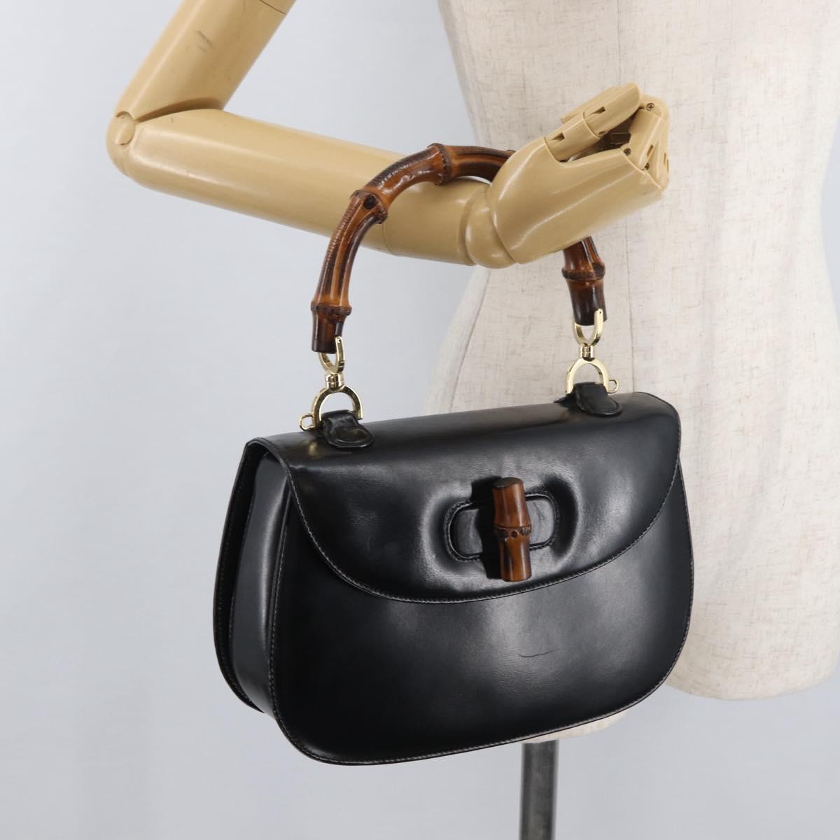 GUCCI Bamboo Hand Bag Leather Black Gold 000 1227 0633 Auth 178723V
