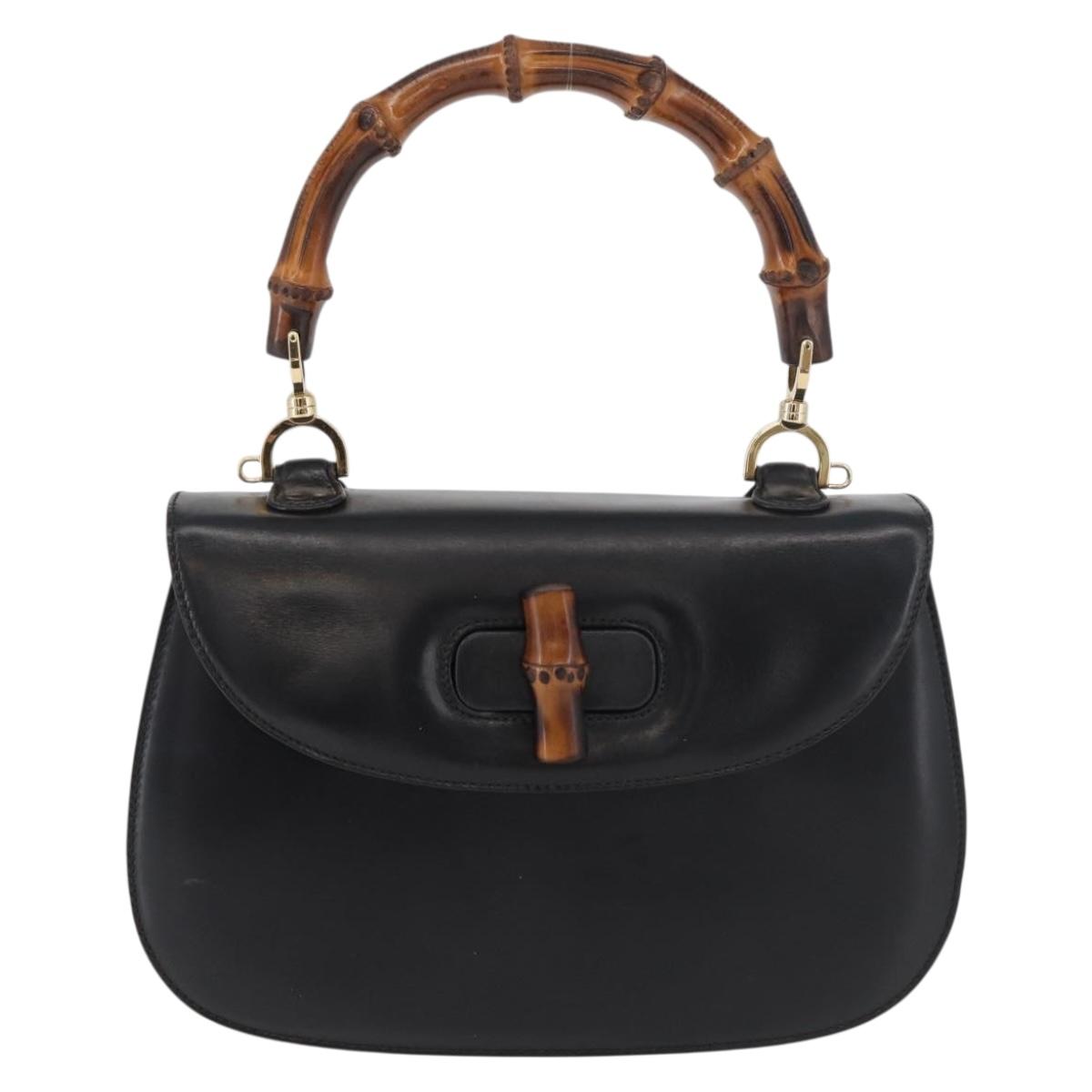 GUCCI Bamboo Hand Bag Leather Black Gold 000 1227 0633 Auth 178723V