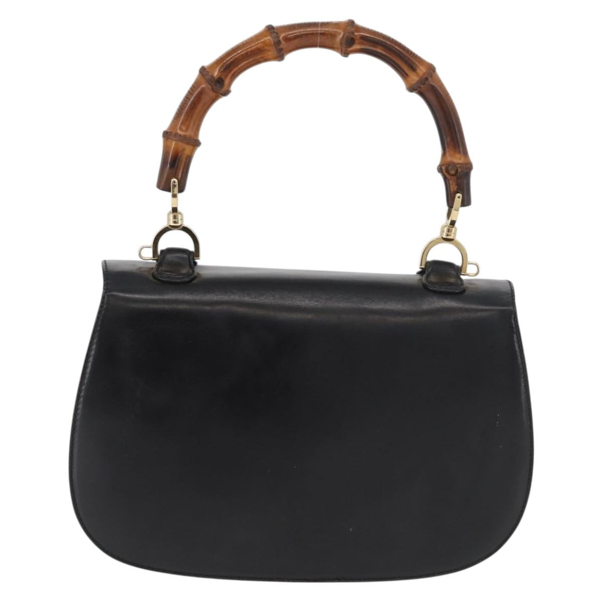 GUCCI Bamboo Hand Bag Leather Black Gold 000 1227 0633 Auth 178723V