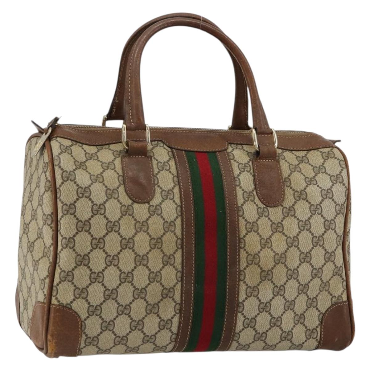 GUCCI GG Supreme Web Sherry Line Boston Bag PVC Beige Gold Auth 178730