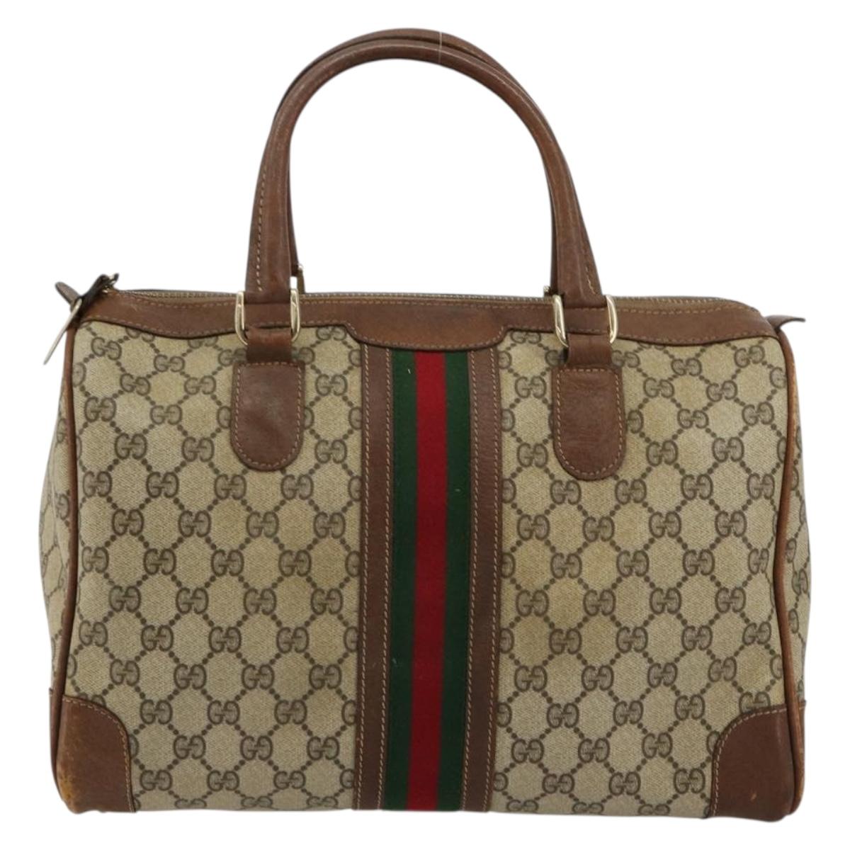 GUCCI GG Supreme Web Sherry Line Boston Bag PVC Beige Gold Auth 178730