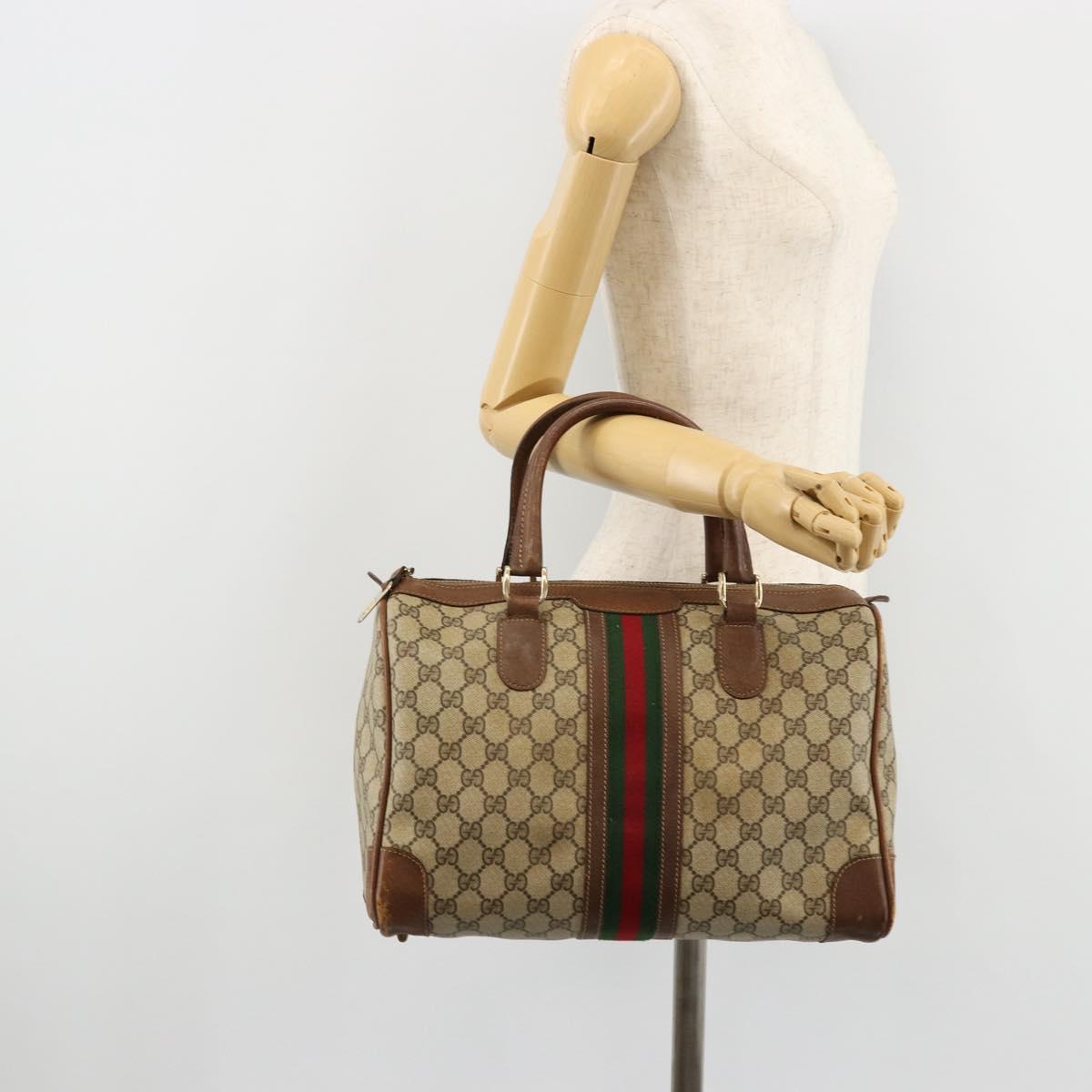 GUCCI GG Supreme Web Sherry Line Boston Bag PVC Beige Gold Auth 178730