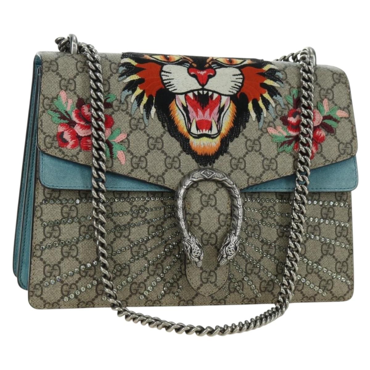 GUCCI Chain Dionysus Angry Cat Bag Leather Beige Silver 403348 Auth 178733V